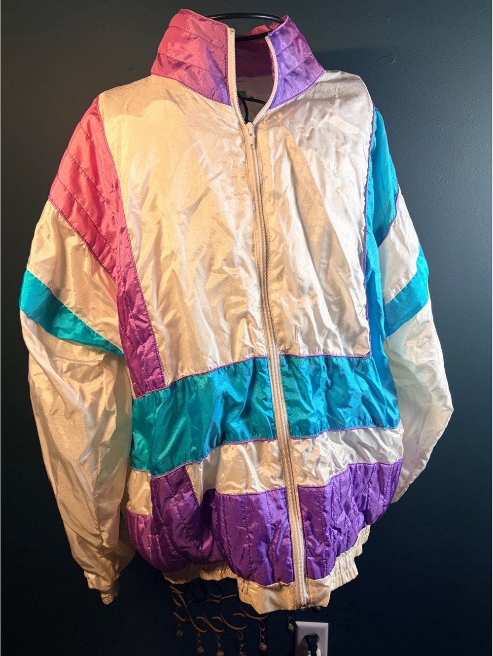 Vintage 80s Color Block Windbreaker Jacket Retro Neon Teal Purple Full Zip